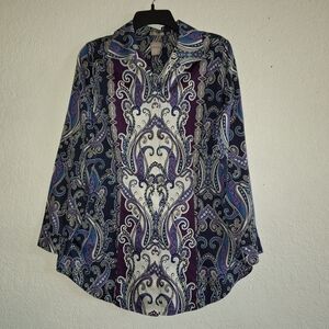 Chico's Purple Paisley Tunic Blouse No Iron Sateen Long Sleeve Button Shirt S